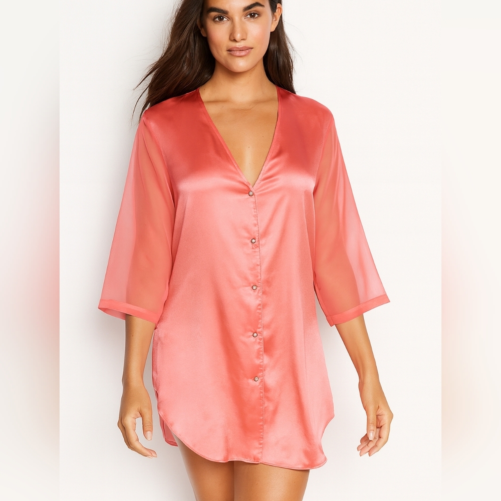 Victoria's Secret Vintage night gown sheer sleeves coral Size M/L satin